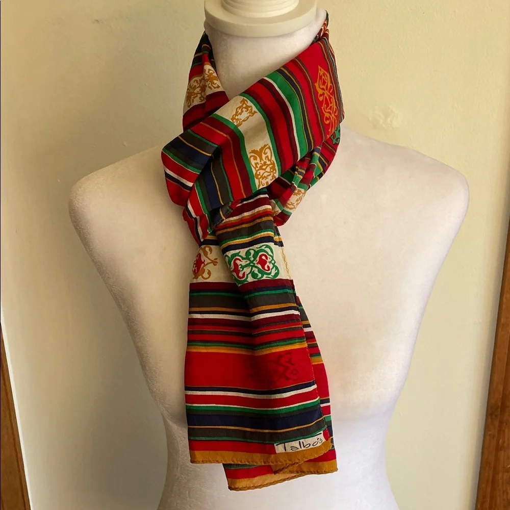 TALBOTS Vintage Oblong Silk Geometric Scroll Motif Multicolor Scarf